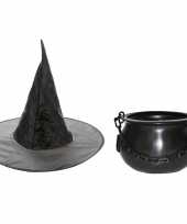 Heksen accessoires set hoed met ketel 25 cm voor meisjes trend