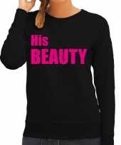 His beauty sweater trui zwart met roze letters voor dames trend