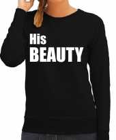 His beauty sweater trui zwart met witte letters voor dames trend