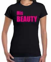 His beauty t-shirt zwart met roze letters voor dames trend