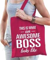 Katoenen cadeau baas tasje awesome boss fuchsia roze trend