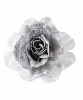 Kerstboom decoratie bloem roos zilver wit 18 cm trend