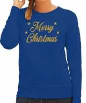 Kersttrui merry christmas gouden glitter letters blauw dames trend