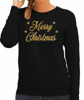Kersttrui merry christmas gouden glitter letters zwart dames trend