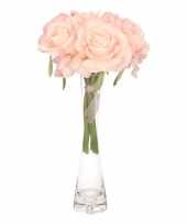 Luxe boeket roze rozen in smalle vaas 20 cm trend