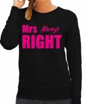 Mrs always right sweater trui zwart met roze letters dames trend