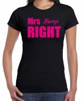Mrs always right t-shirt zwart met roze letters voor dames trend