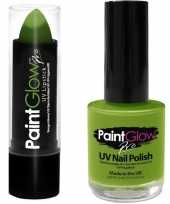Neon groene uv lippenstift lipstick en nagellak schmink set trend