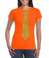 Oranje fun t-shirt met stropdas in glitter goud dames trend