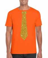 Oranje fun t-shirt met stropdas in glitter goud heren trend