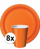 Oranje tafeldecoratie set 8 bekertjes en 8 bordjes trend