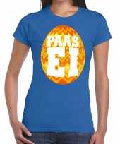 Paasei t-shirt blauw met oranje ei voor dames trend