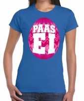 Paasei t-shirt blauw met roze ei voor dames trend
