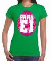 Paasei t-shirt groen met roze ei voor dames trend