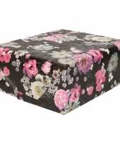 Rollen inpakpapier cadeaupapier zwart met roze en witte bloemen 200 x 70 cm trend