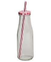 Rood witte glazen drink flesje met rietje 400 ml trend