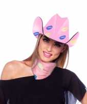 Roze kartonnen cowboyhoed met lippen kusjes voor dames trend