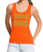Super diva glitter tekst tanktop mouwloos shirt oranje dames trend