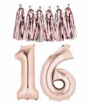 Sweet 16 folie ballon cijfer 16 rose goud met slinger trend