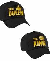 The king the queen petten zwart met gouden kroon voor koppels trend