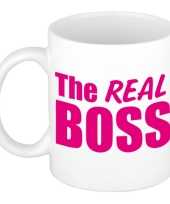 The real boss cadeau mok beker wit met roze letters 300 ml trend