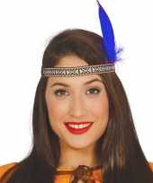 Toppers indianen verkleed hoofdband met blauwe veer voor volwassenen trend