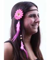 Verkleed hoofdband met roze bloem en veren trend