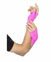 Vingerloze neon roze handschoenen van kant trend