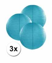 Voordeelverpakking met 3 turquoise blauwe lampionnen 25 cm trend