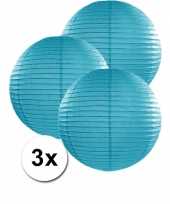 Voordeelverpakking met 3 turquoise blauwe lampionnen 35 cm trend