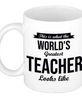 Worlds greatest teacher cadeau koffiemok theebeker voor leraar lerares 300 ml trend