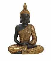 Zwart goud boeddha beeldje zittend 20 cm trend